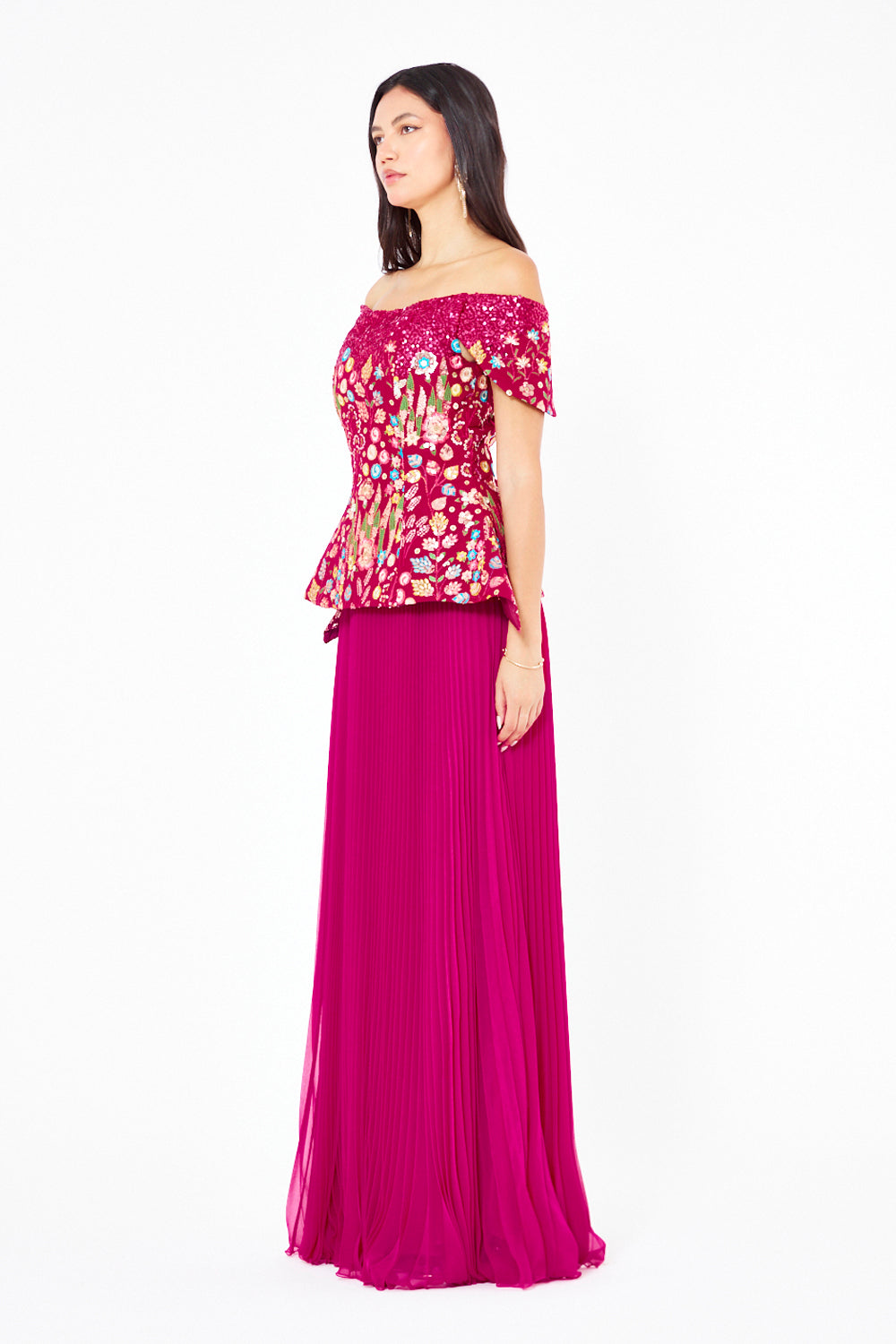 Embroidered Peplum Pleated Gown