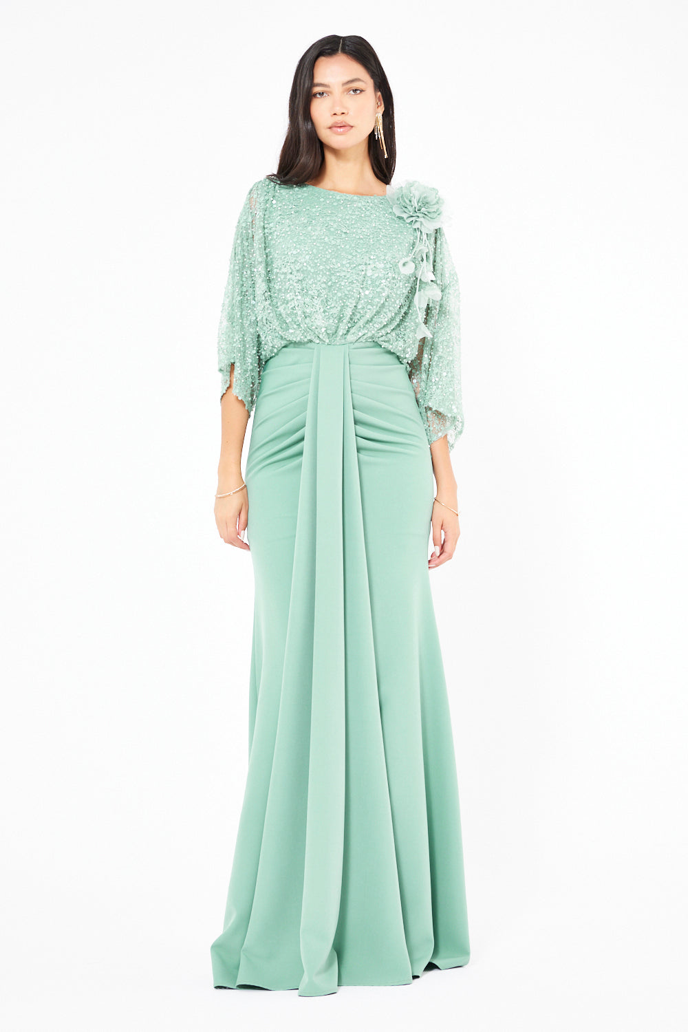Floral Applique Sequin Draped Panel Gown