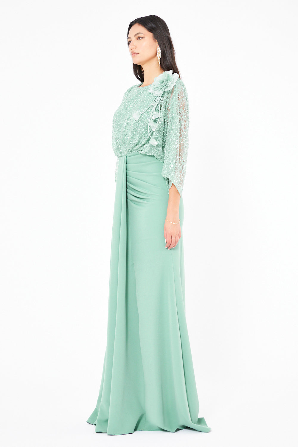 Floral Applique Sequin Draped Panel Gown