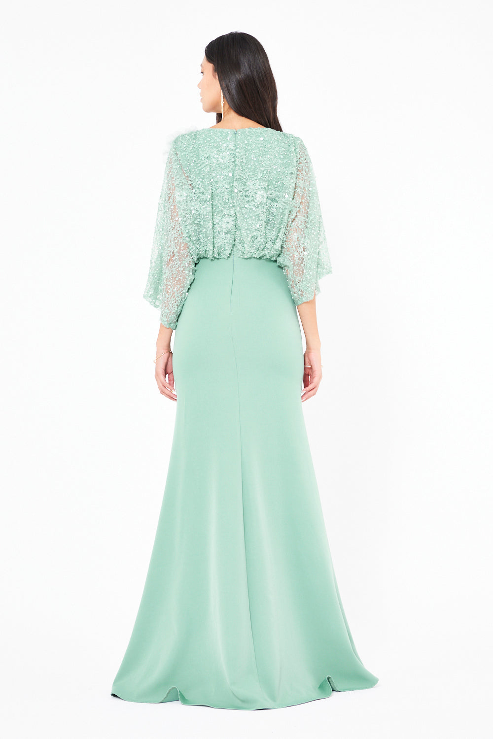 Floral Applique Sequin Draped Panel Gown