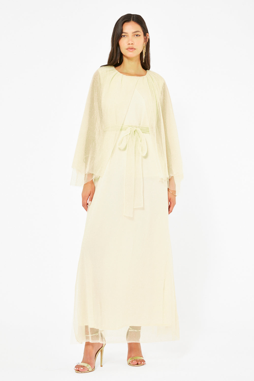 Sheer Cape Belted Gown