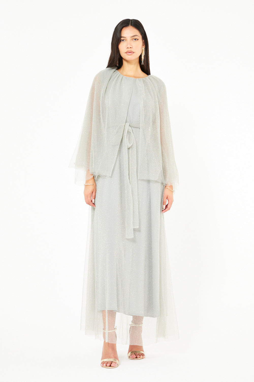 Sheer Cape Belted Gown