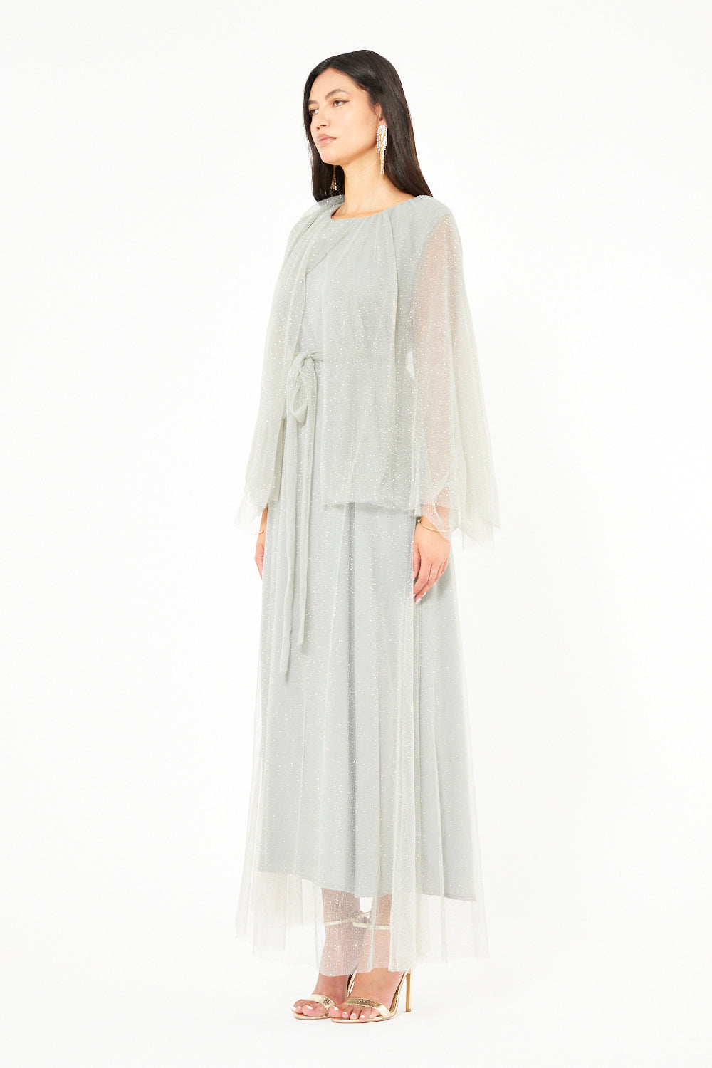 Sheer Cape Belted Gown