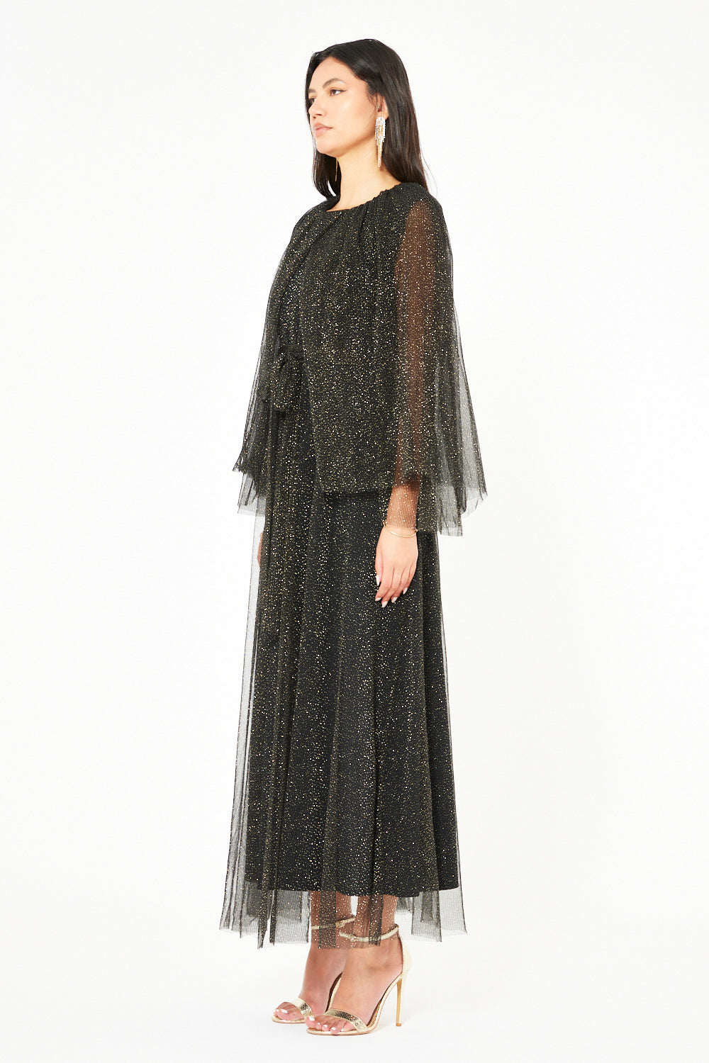 Sheer Cape Belted Gown