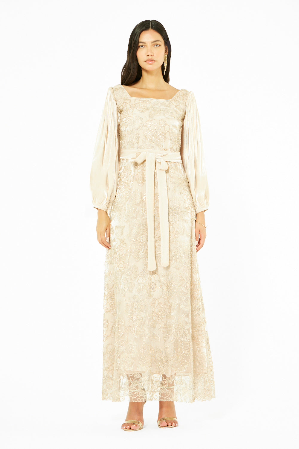 Embroidered Belted Puff Sleeve Dress