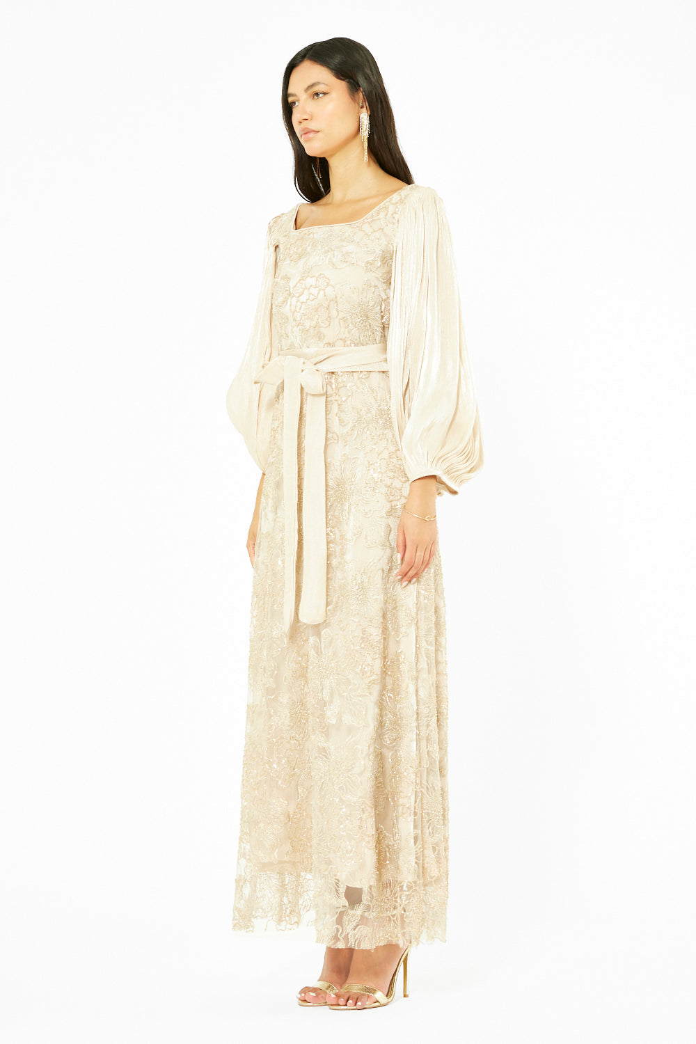 Embroidered Belted Puff Sleeve Dress