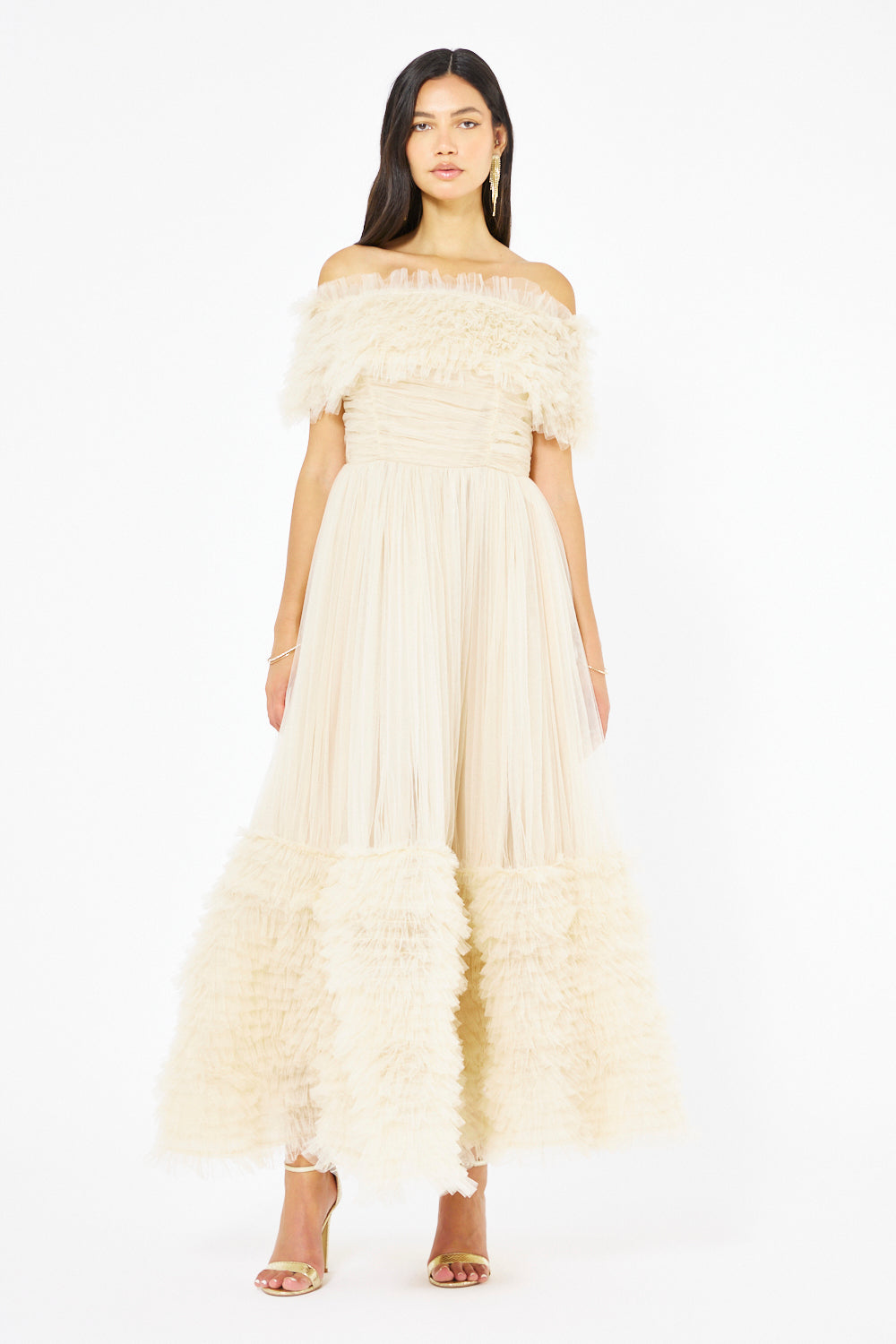 Ruffled Off-Shoulder Tulle Gown