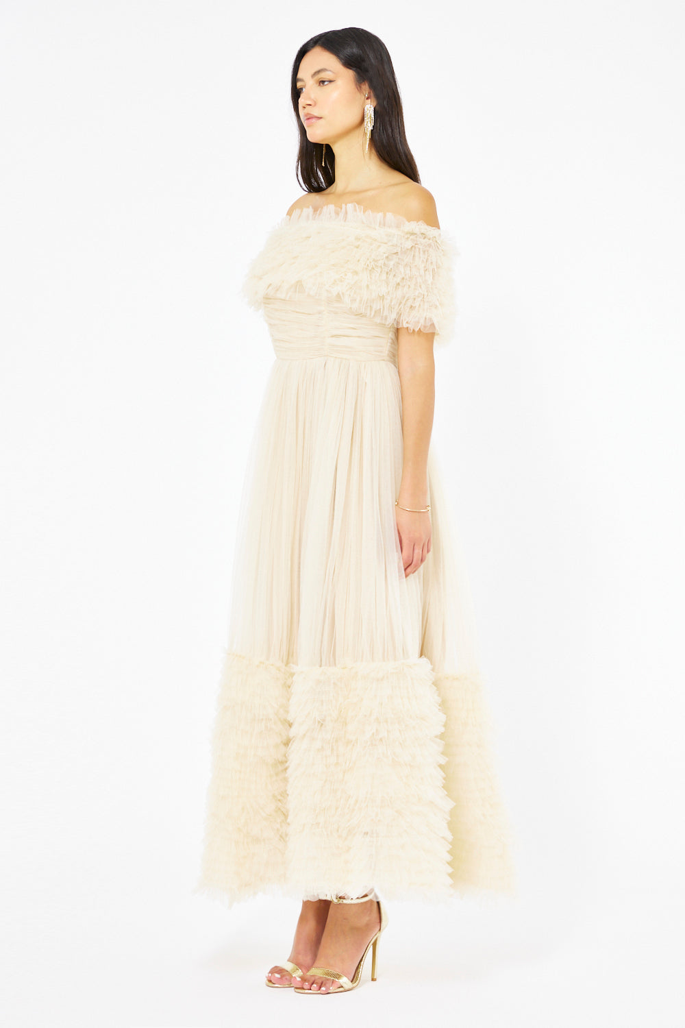 Ruffled Off-Shoulder Tulle Gown
