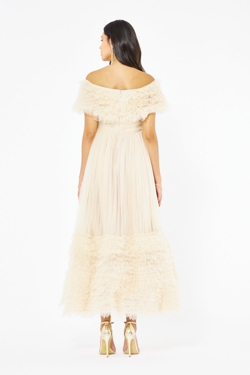 Ruffled Off-Shoulder Tulle Gown