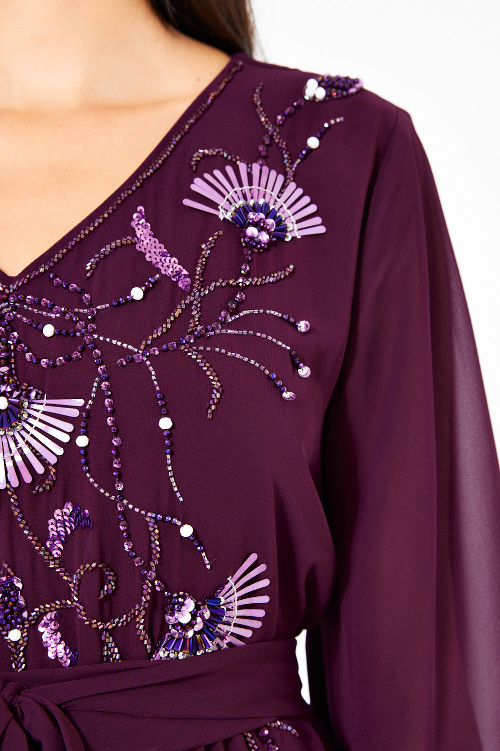 Embellished V-Neck Belted Dress