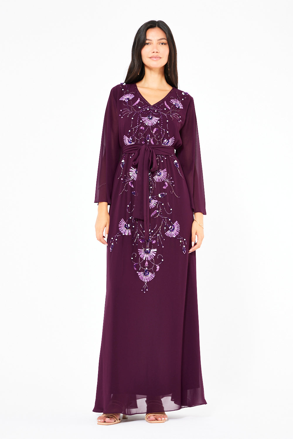 Embellished V-Neck Belted Dress