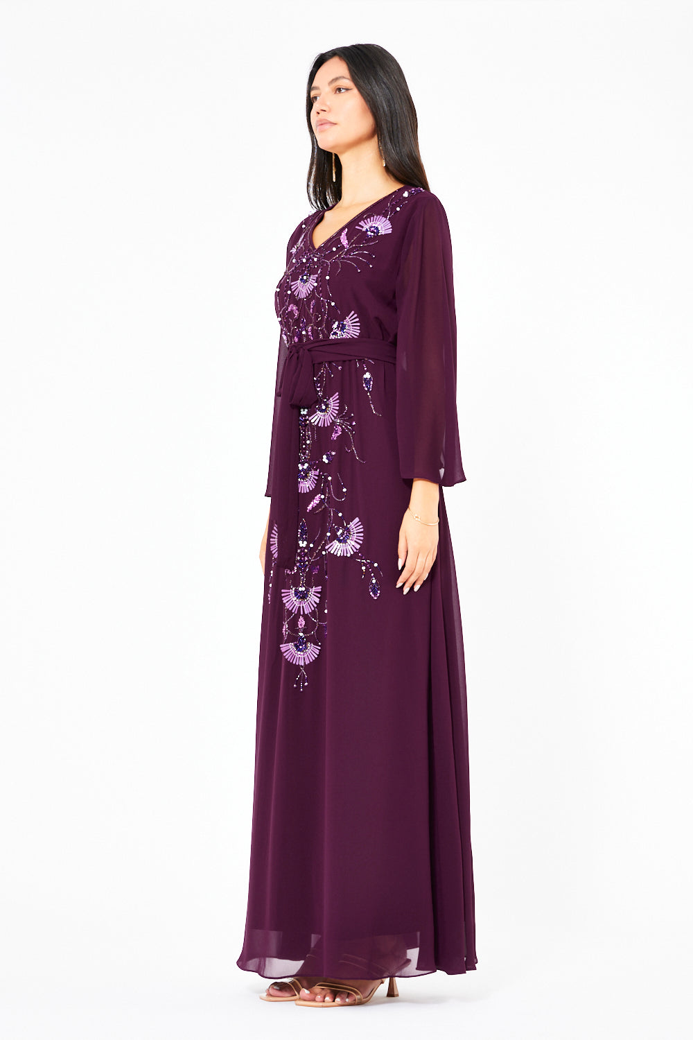 Embellished V-Neck Belted Dress