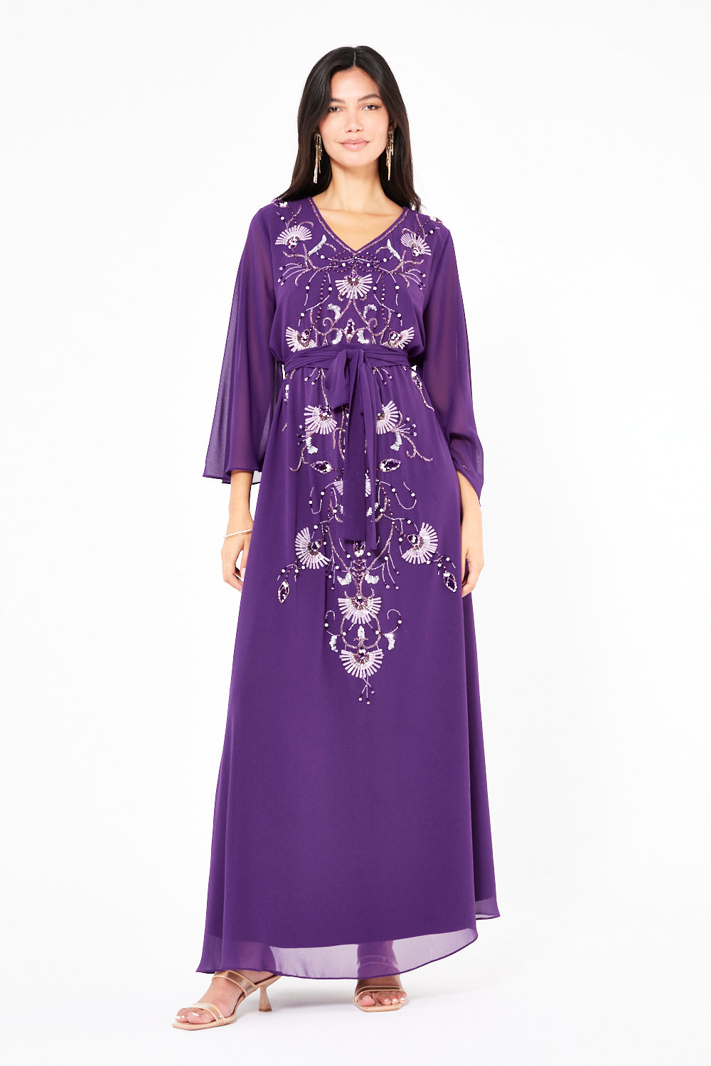 Embellished V-Neck Belted Dress