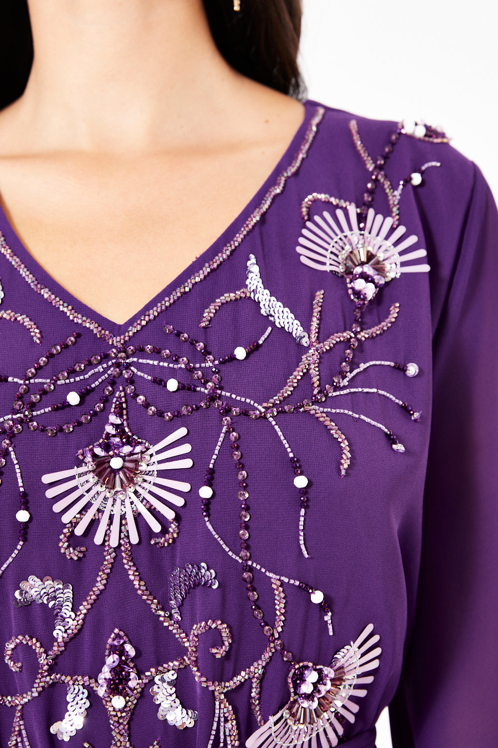 Embellished V-Neck Belted Dress