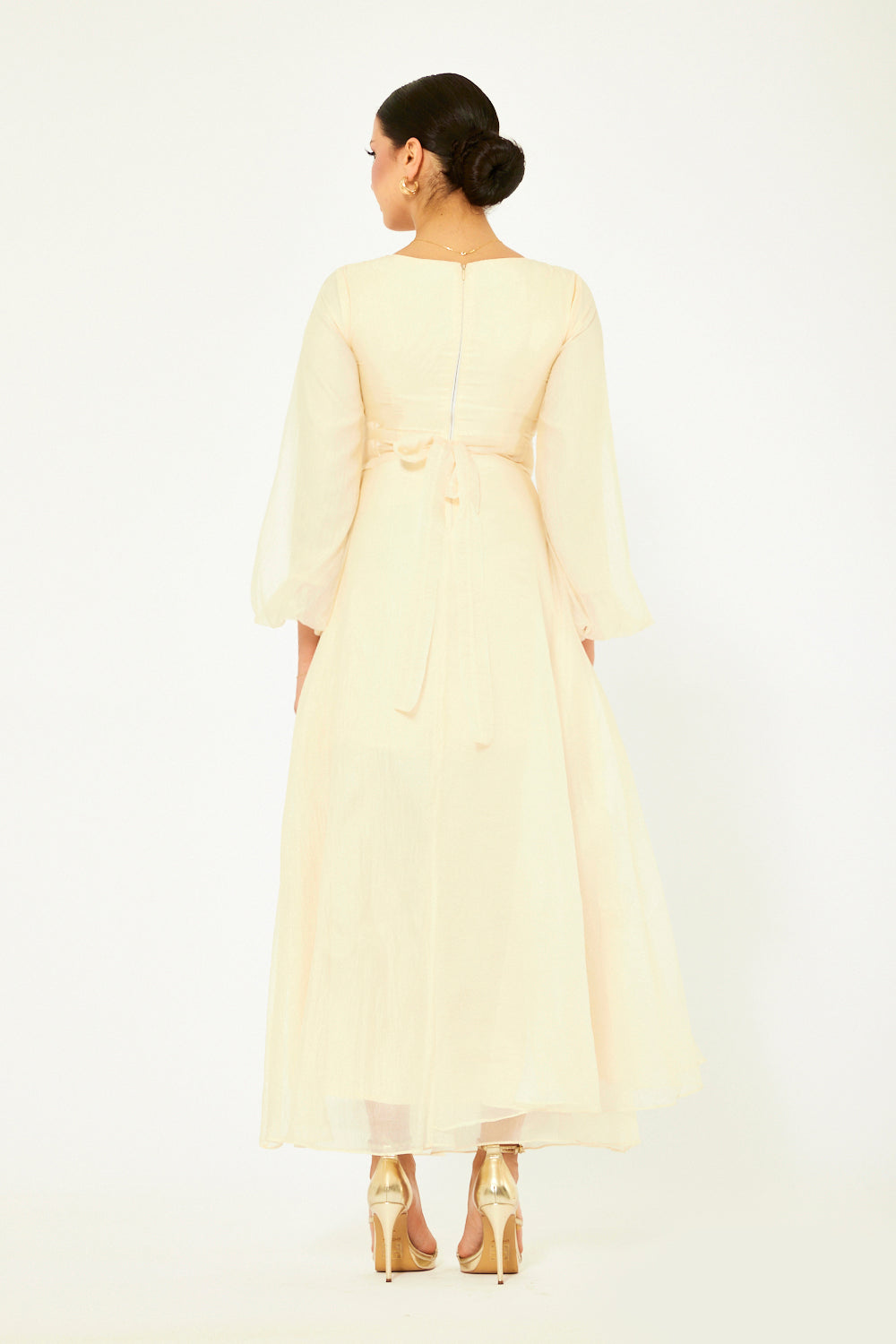 Embellished V-Neck Maxi Dress with Sheer Bell Sleeves