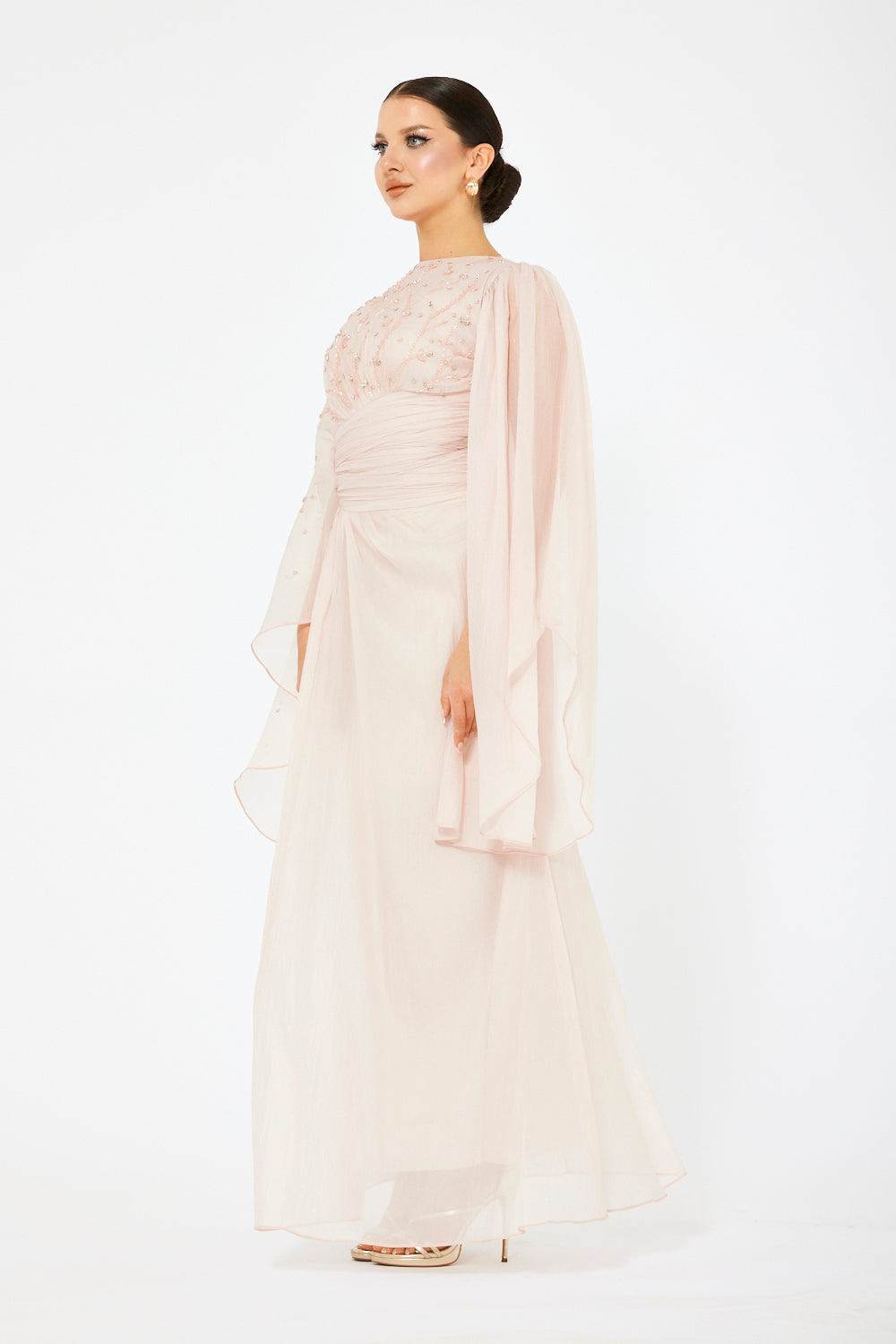 Embellished Sheer Cape Sleeve Maxi Dress