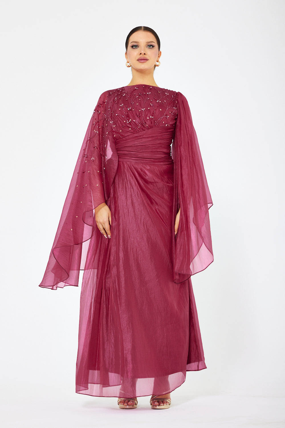 Embellished Sheer Cape Sleeve Maxi Dress