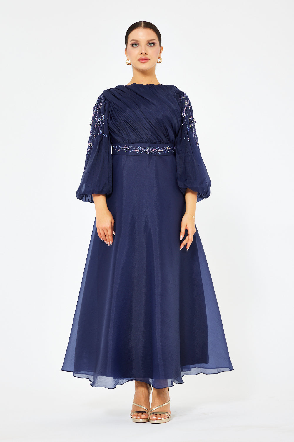 Ruched Bodice Balloon Sleeve Gown