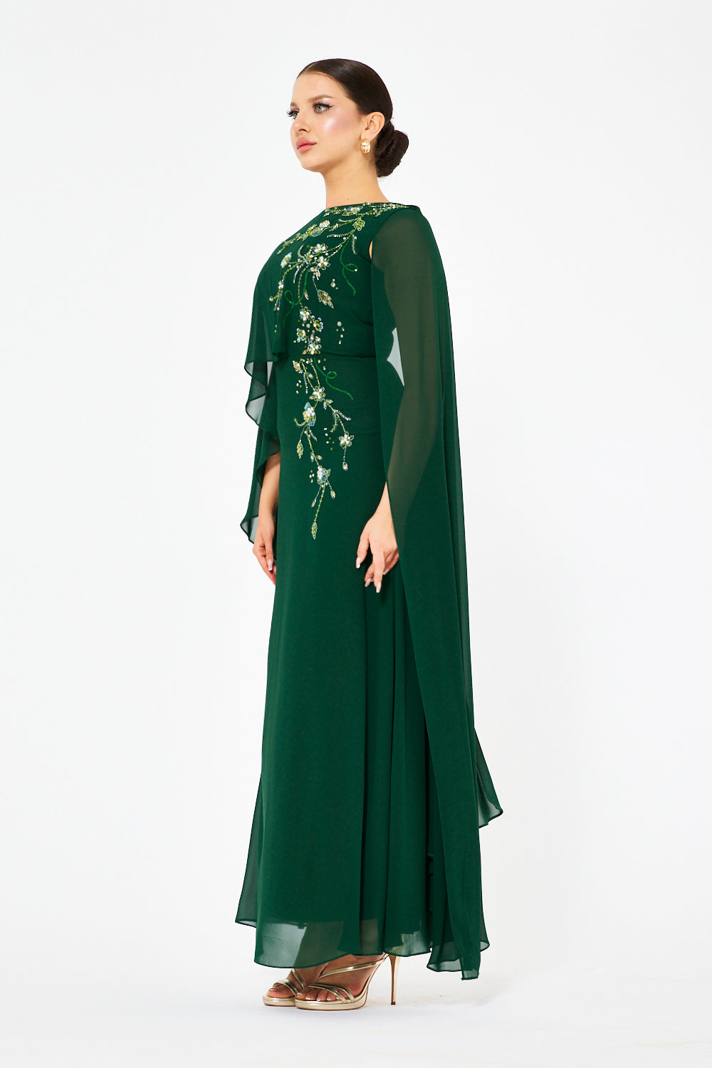 Embellished One-Shoulder Cape Gown