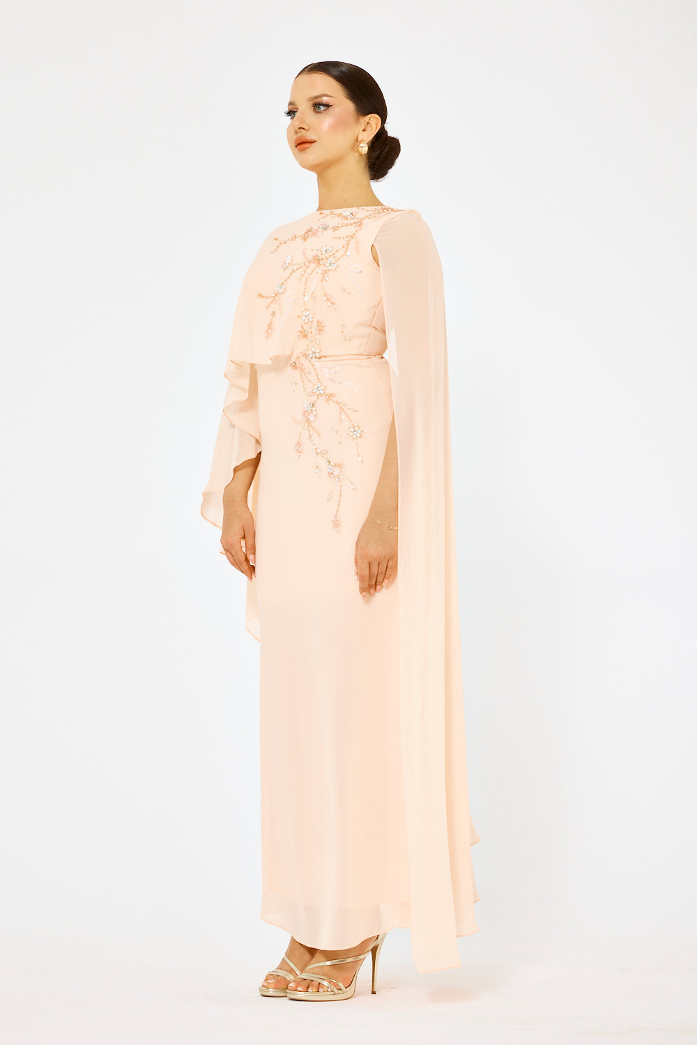 Embellished One-Shoulder Cape Gown