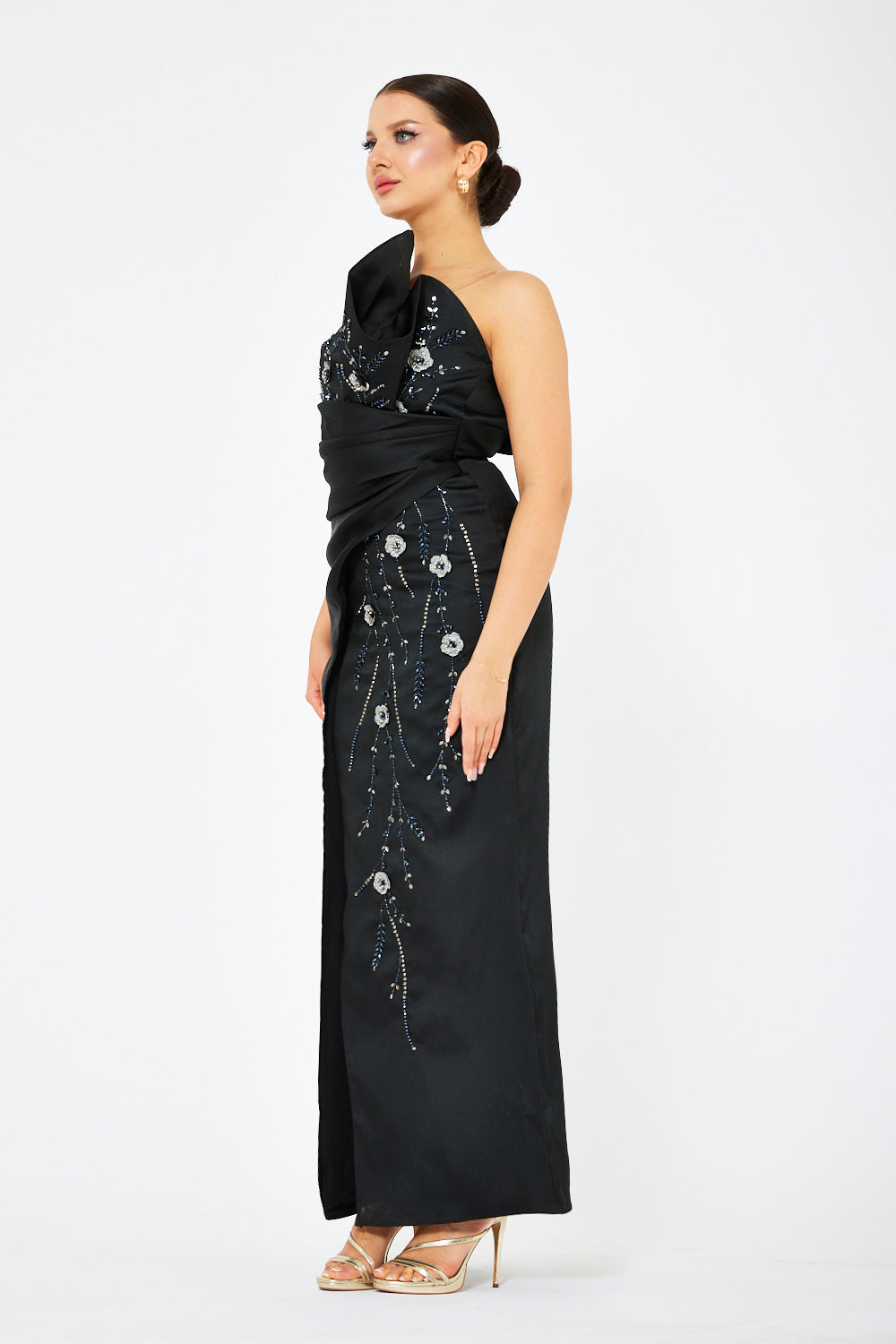 Sculpted One-Shoulder Draped Gown with Floral Crystal Embroidery