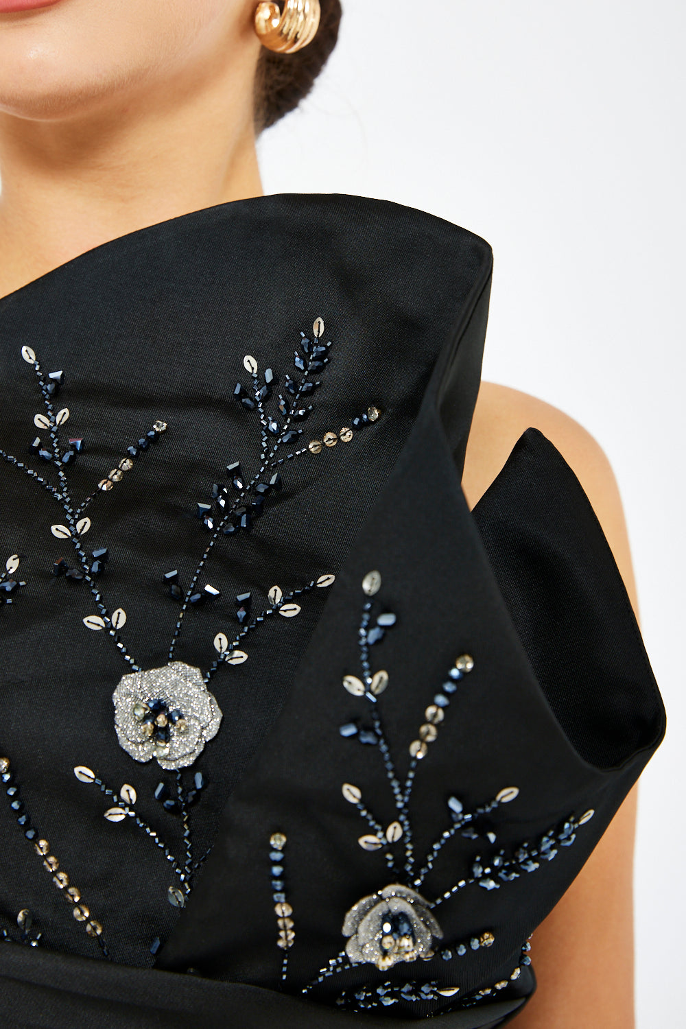 Sculpted One-Shoulder Draped Gown with Floral Crystal Embroidery