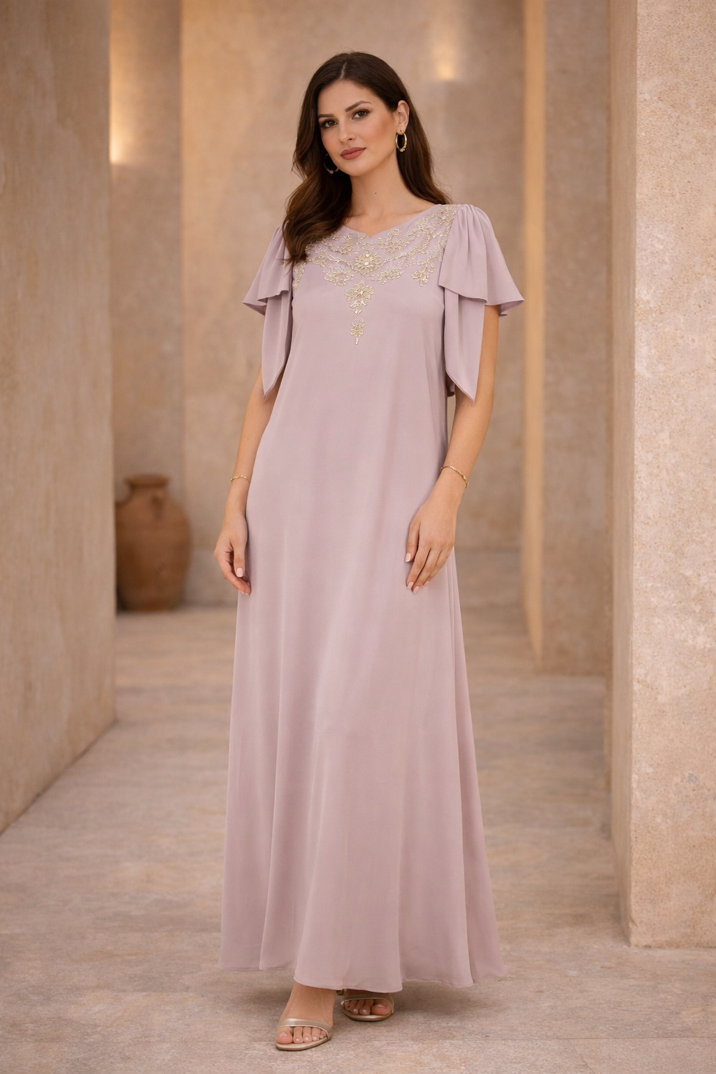 Embellished V-Neck Bow Detail Gown