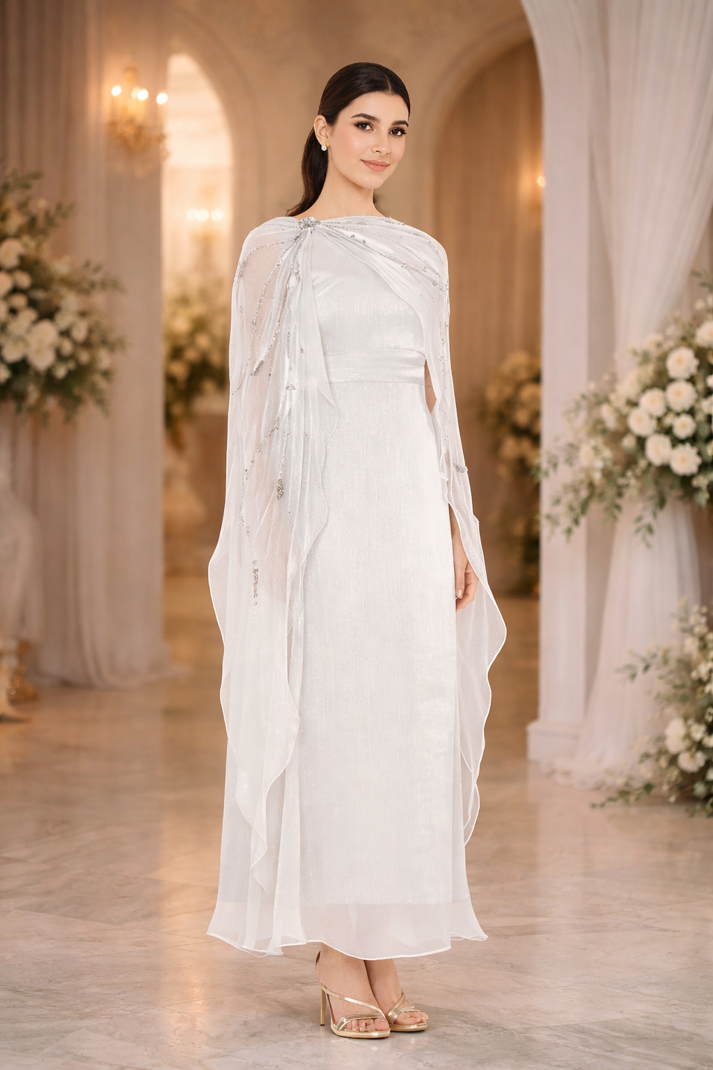 Embellished Draped Cape Gown