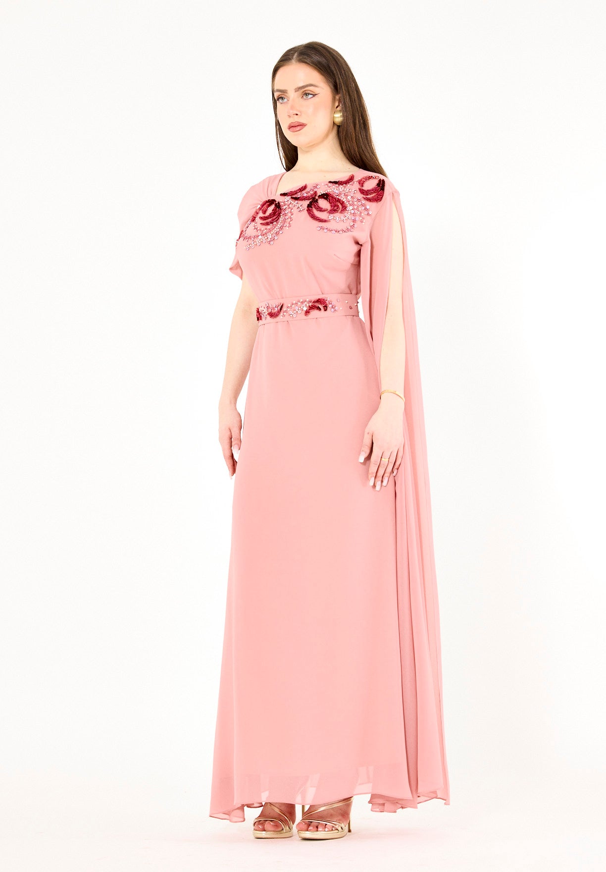Cape Sleeve Embellished Evening Gown
