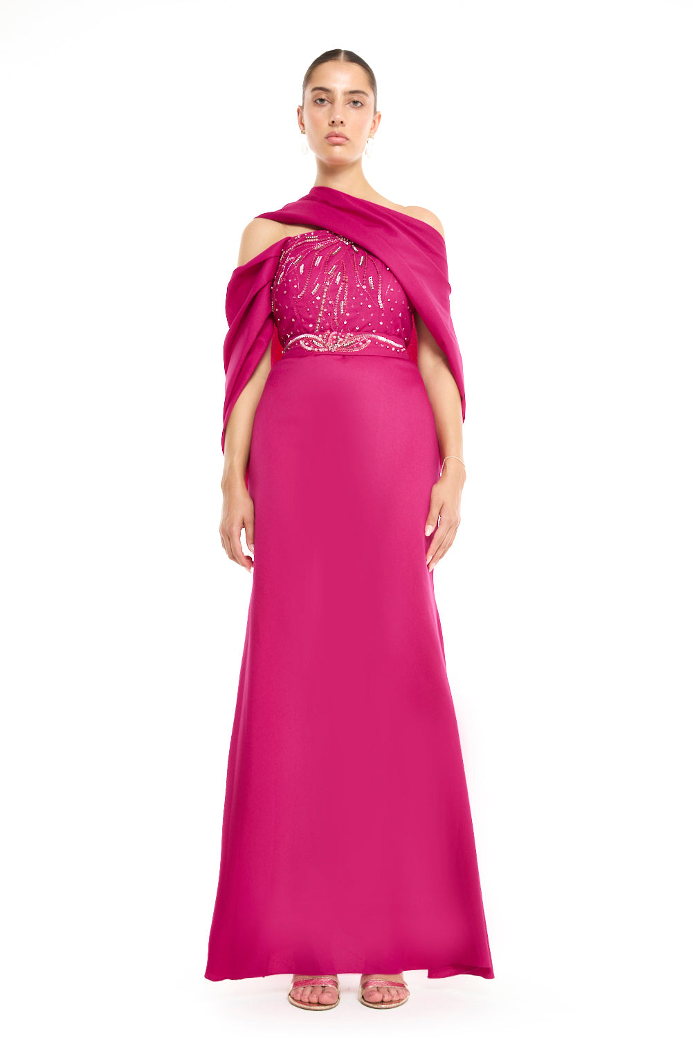 One-Shoulder Draped Gown with Beaded Bodice