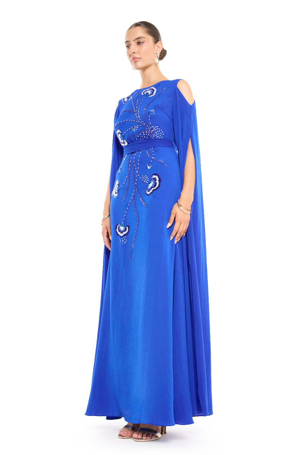 Boat Neck Cape Sleeve Gown with Beaded Floral Motif