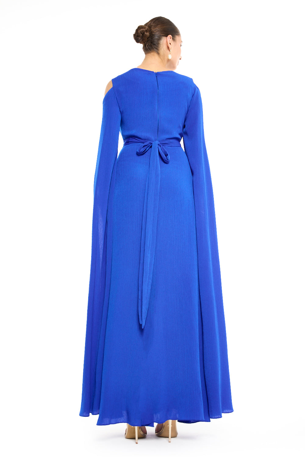 Boat Neck Cape Sleeve Gown with Beaded Floral Motif