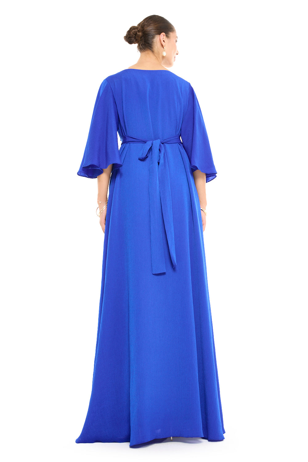 Boat Neck Flutter Sleeve Gown with Beaded Floral Vine