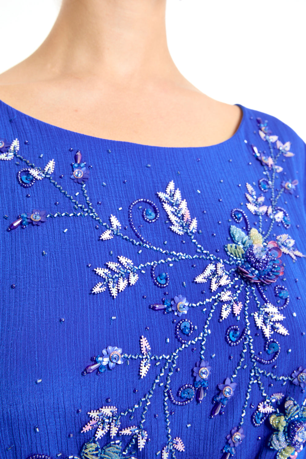 Boat Neck Flutter Sleeve Gown with Beaded Floral Vine