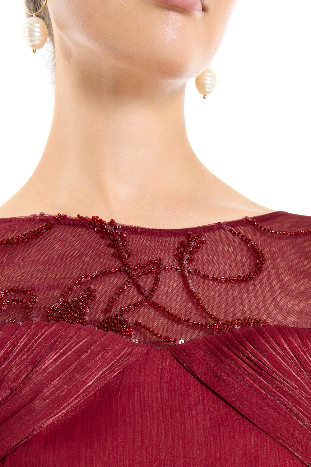 Sheer Lace Yoke Gown with Draped Bodice