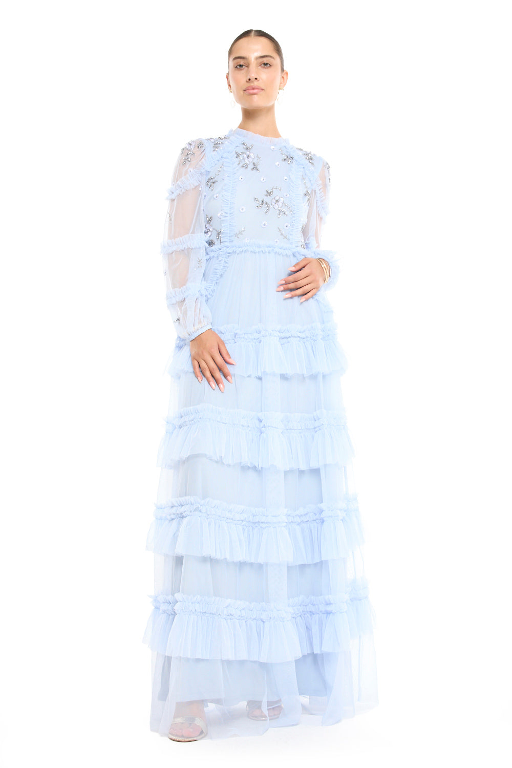 High Neck Tiered Ruffle Gown with Beaded Star Bodice