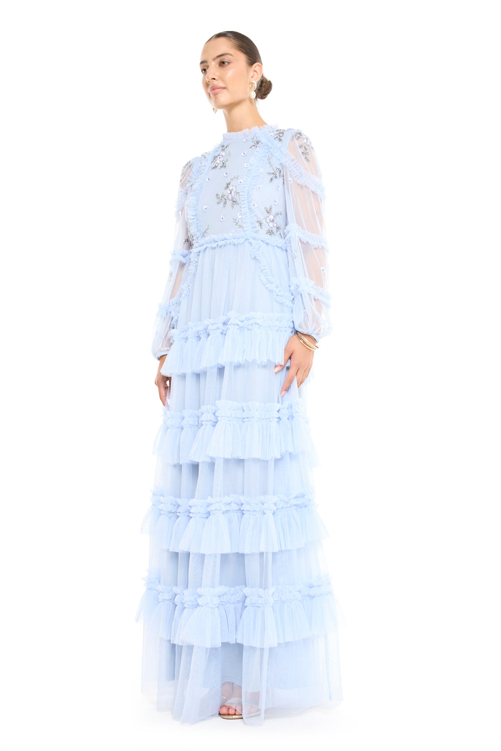 High Neck Tiered Ruffle Gown with Beaded Star Bodice