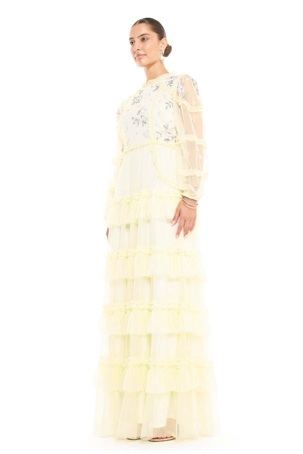 High Neck Tiered Ruffle Gown with Beaded Star Bodice