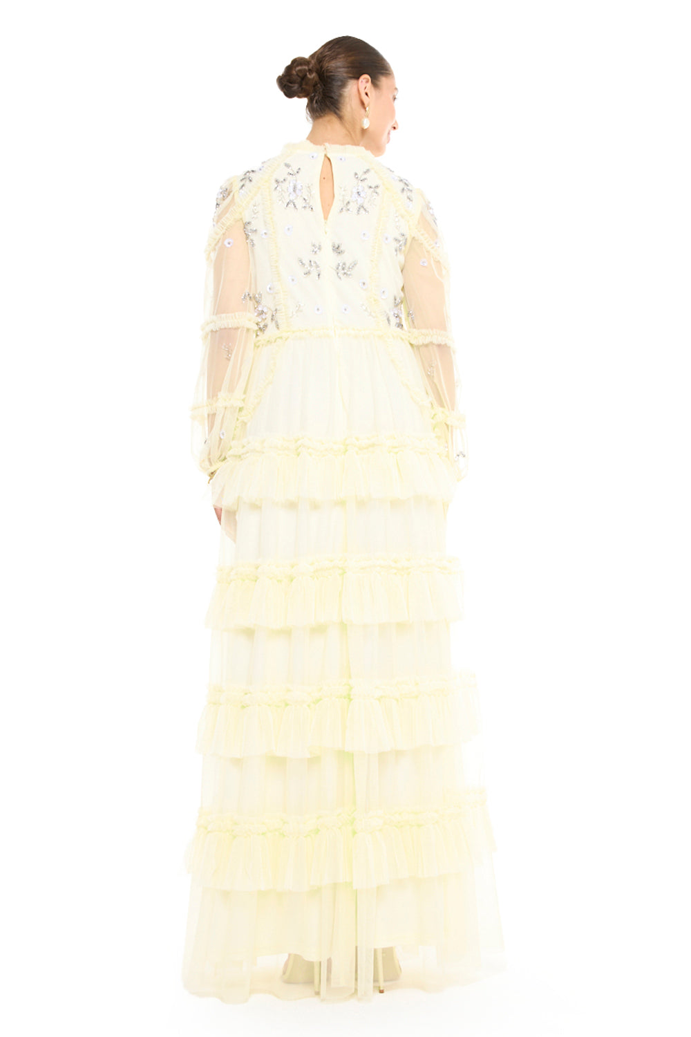 High Neck Tiered Ruffle Gown with Beaded Star Bodice