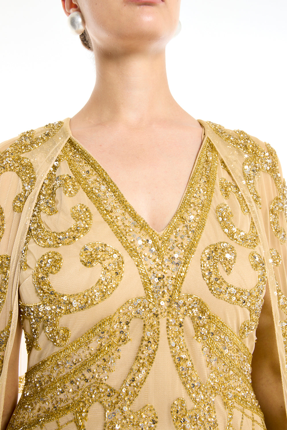 V-Neck Cape Sleeve Gown with Beaded Scroll Embroidery