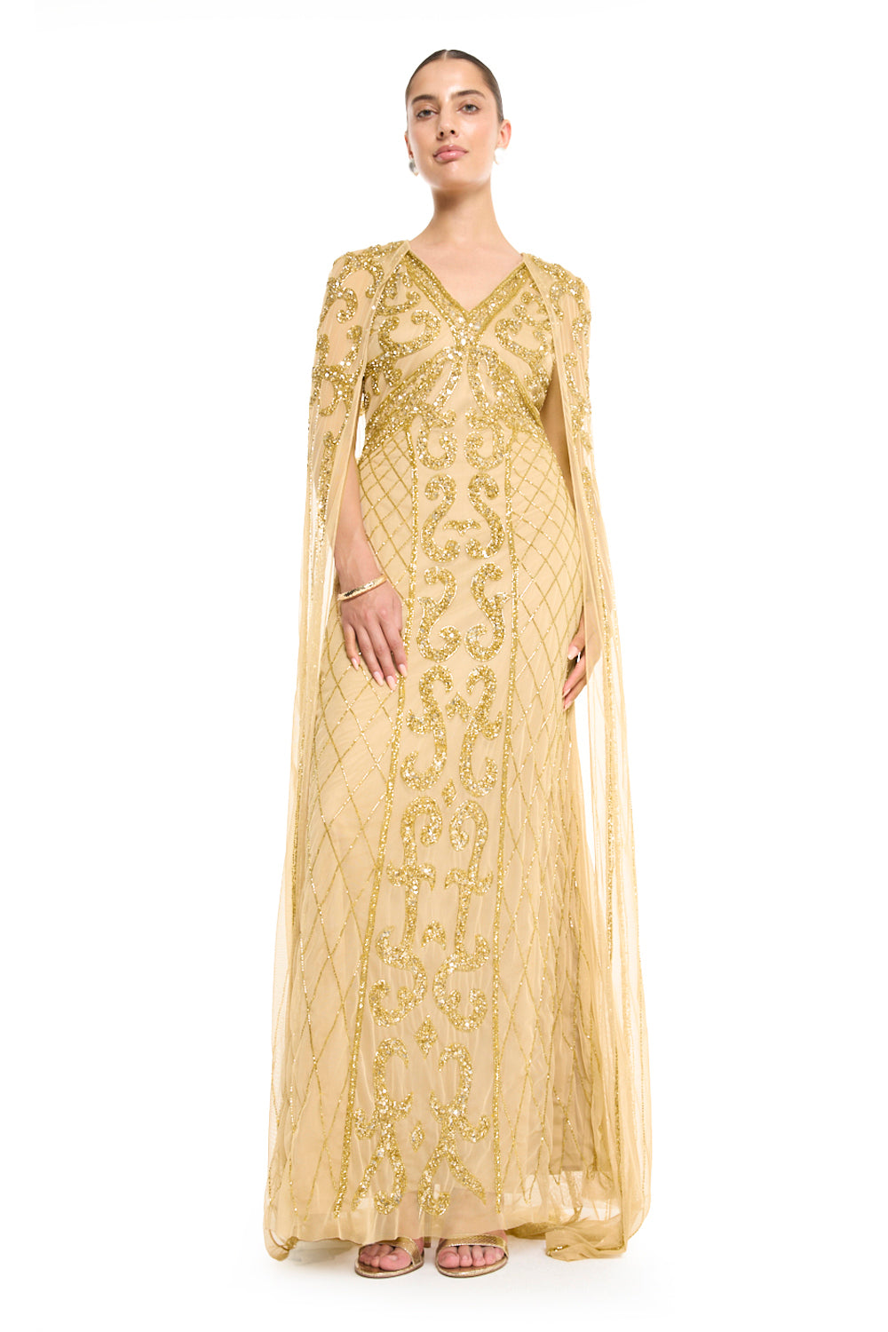 V-Neck Cape Sleeve Gown with Beaded Scroll Embroidery
