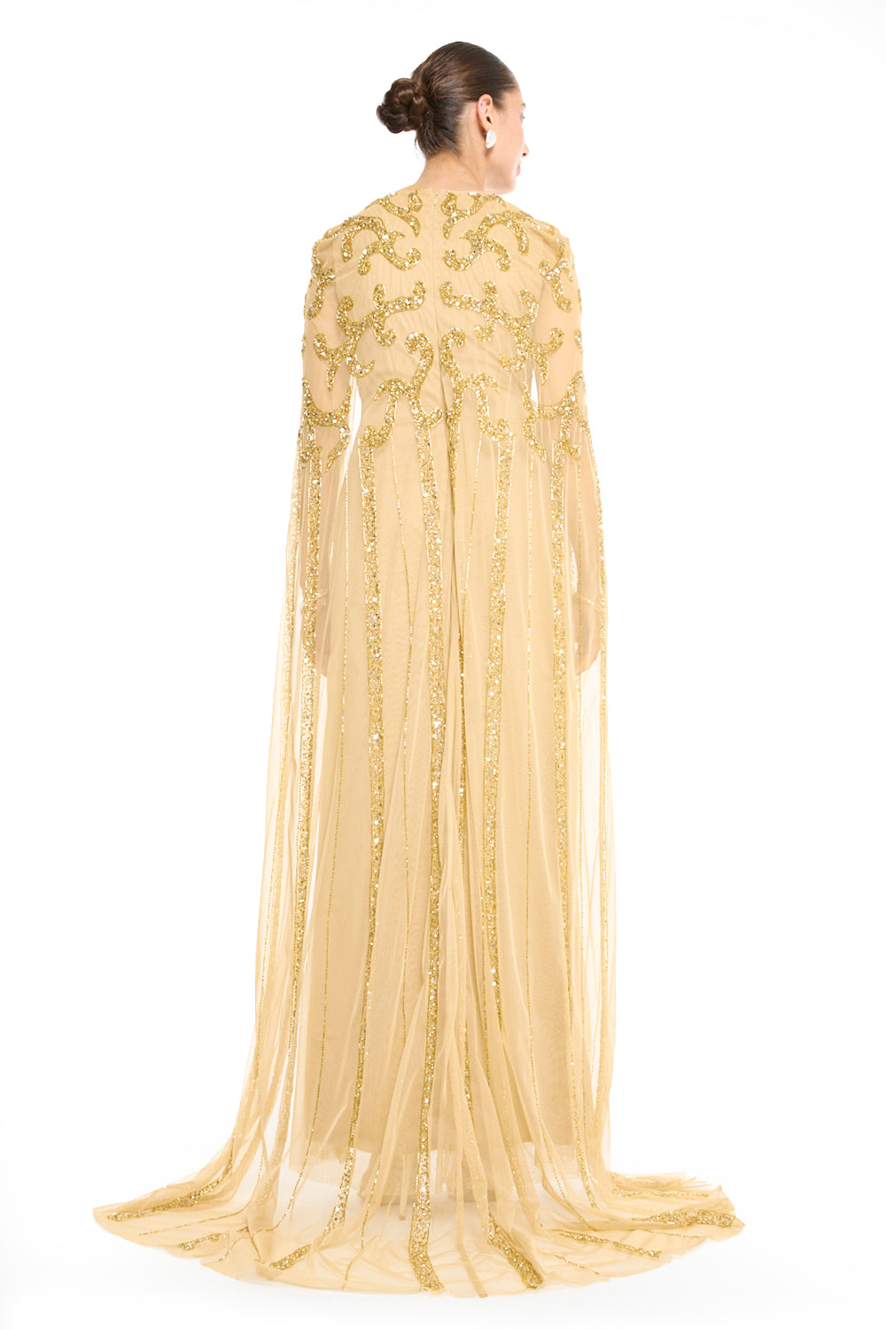 V-Neck Cape Sleeve Gown with Beaded Scroll Embroidery