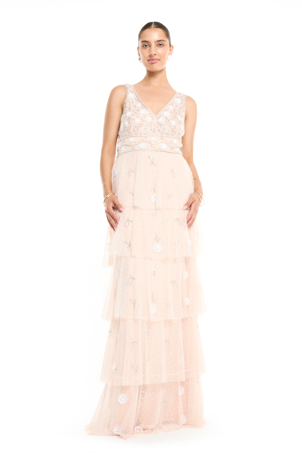 Tiered Overlay Embellished Gown
