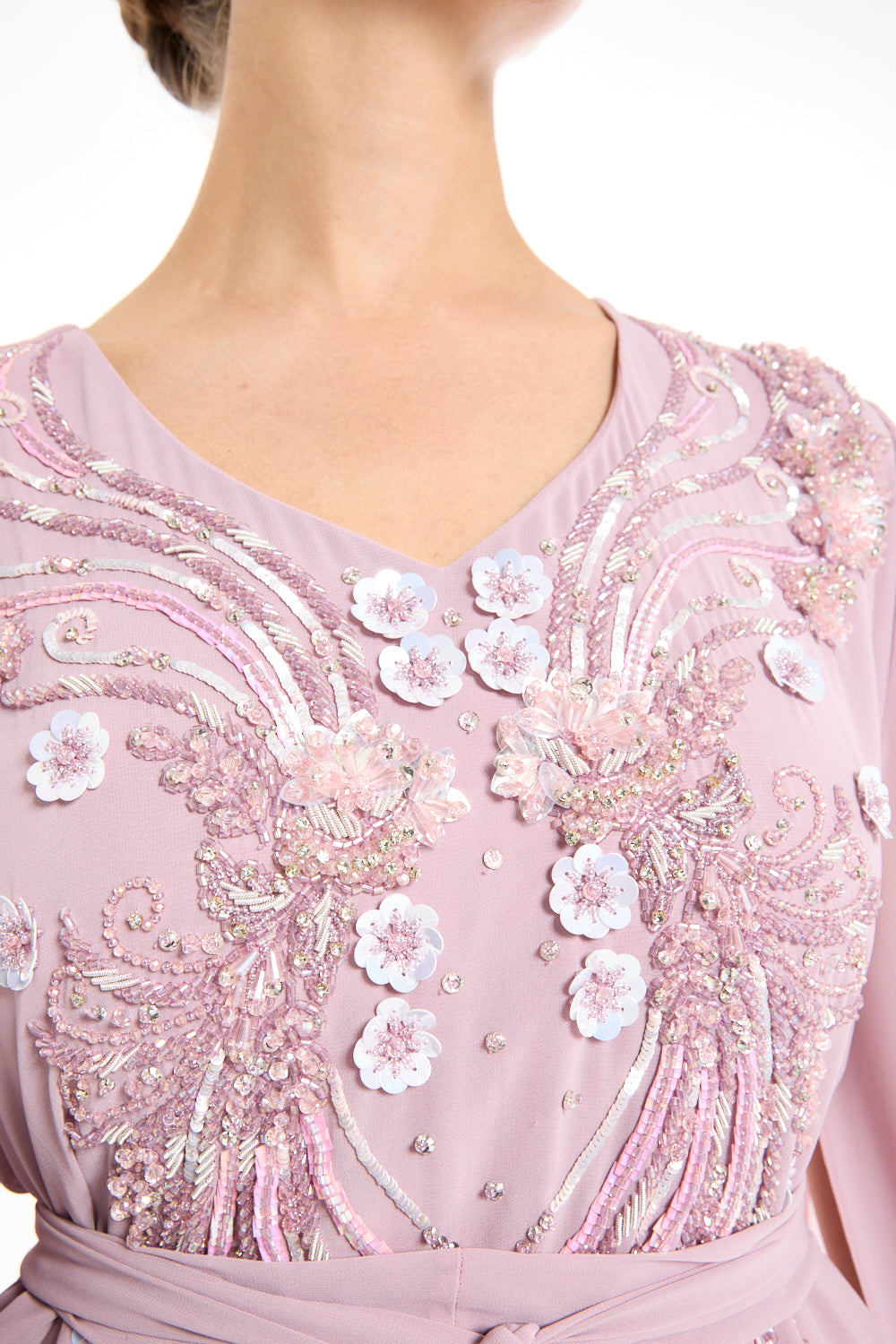 V-Neck Cape Sleeve Gown with Floral Sequin Bodice