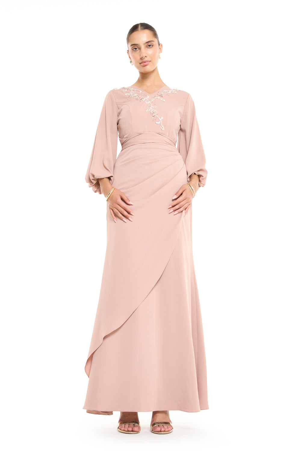 Balloon Sleeve Gown with Beaded Vine Neckline and Wrap Skirt