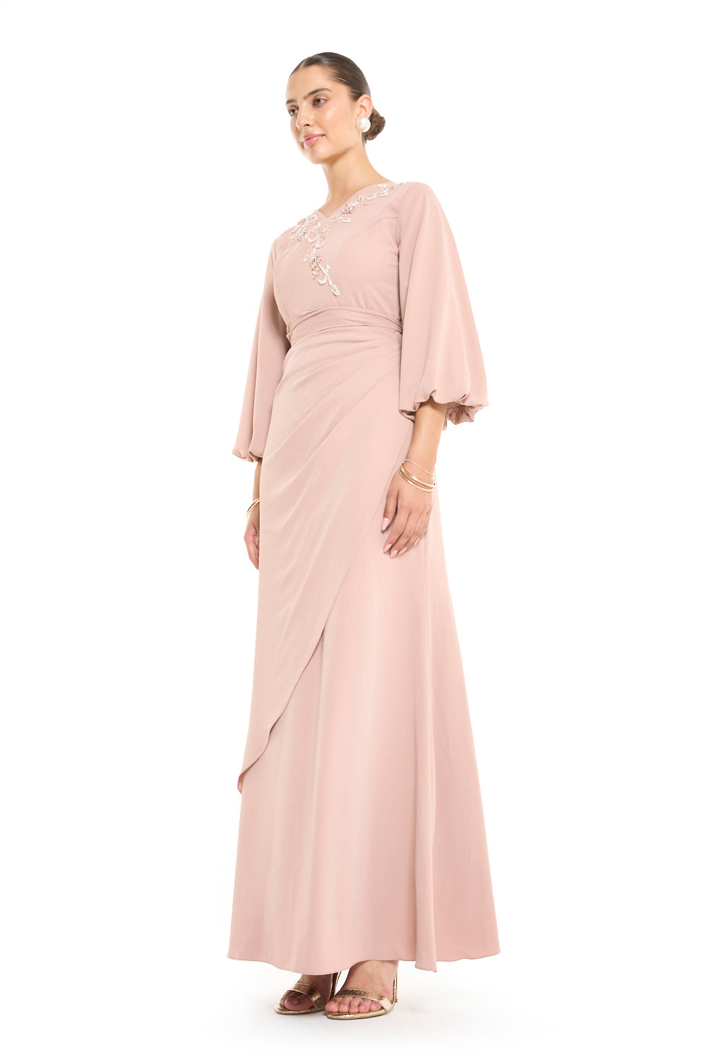 Balloon Sleeve Gown with Beaded Vine Neckline and Wrap Skirt