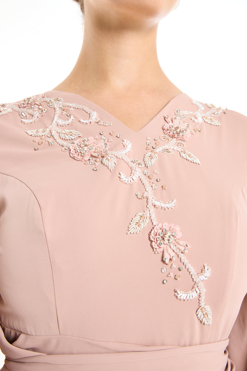 Balloon Sleeve Gown with Beaded Vine Neckline and Wrap Skirt