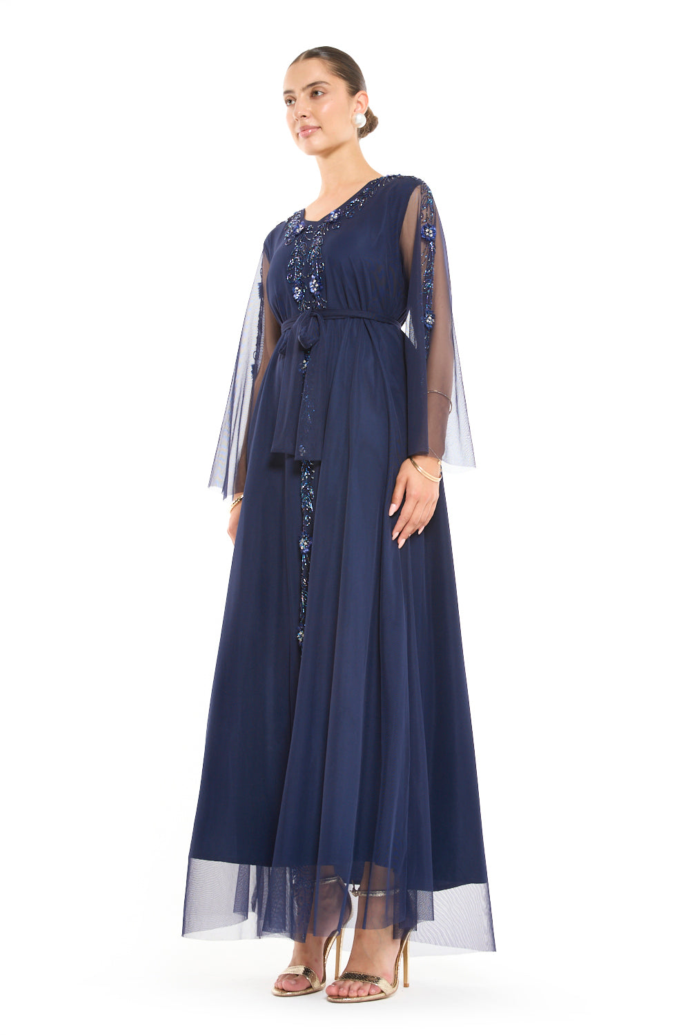 Sheer Sleeve Gown with Beaded Center Placket