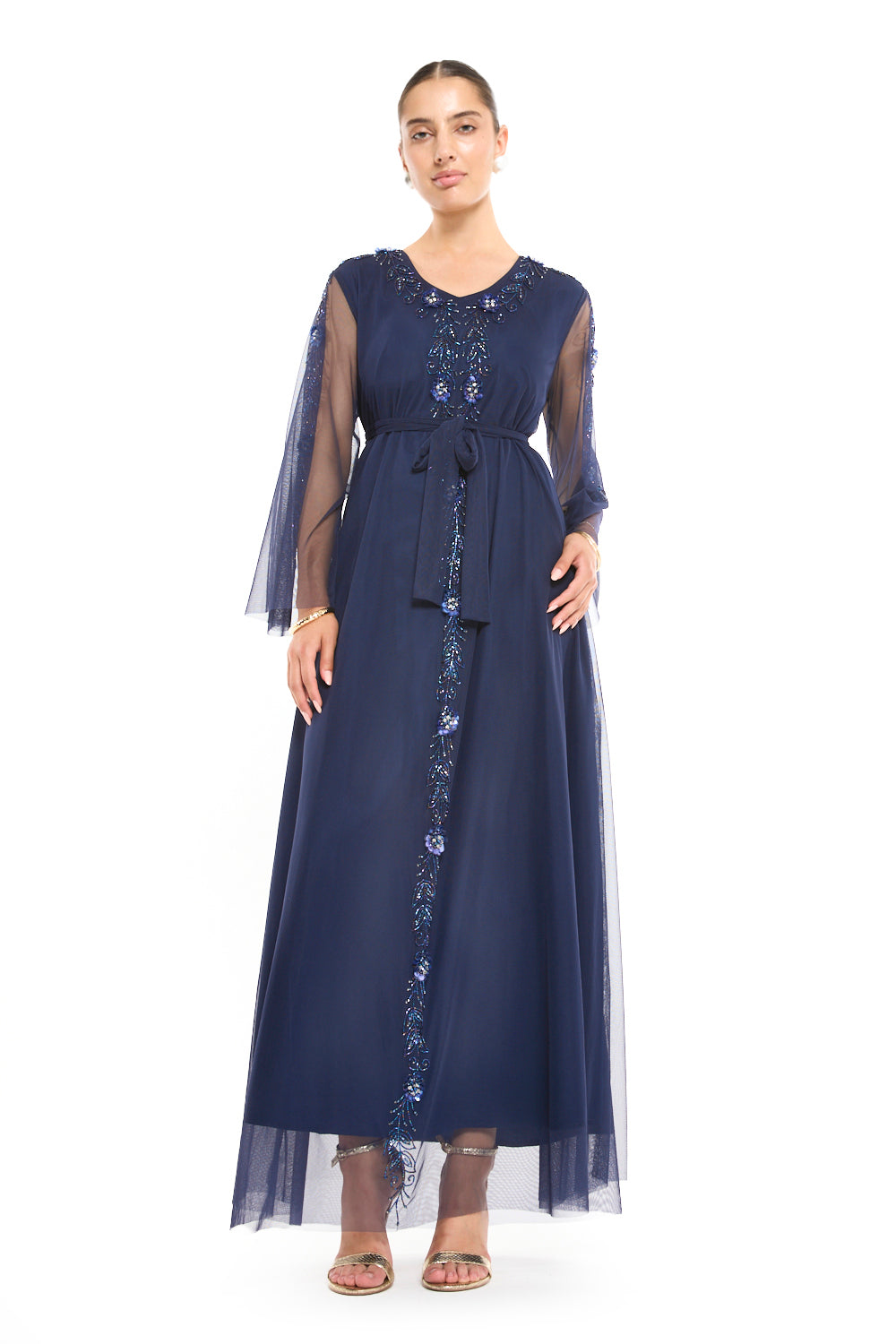 Sheer Sleeve Gown with Beaded Center Placket