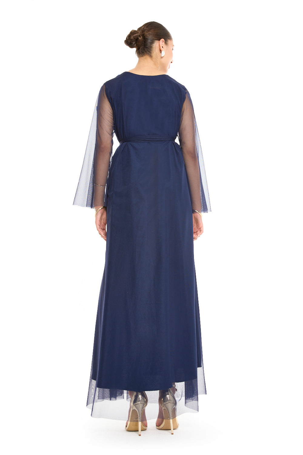 Sheer Sleeve Gown with Beaded Center Placket